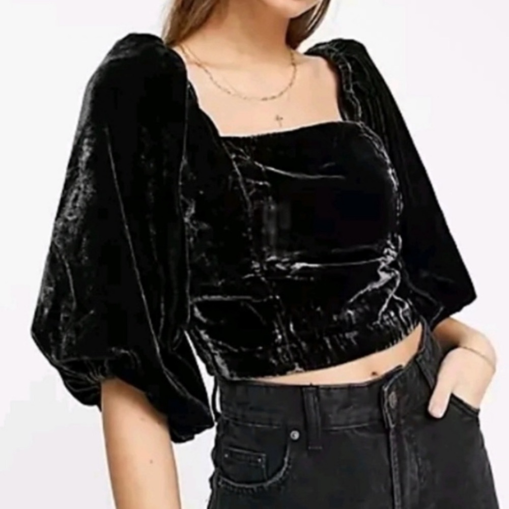 Free People Marie Black Velvet Puff Sleeve Tie-Back Blouse - Picture 2 of 13
